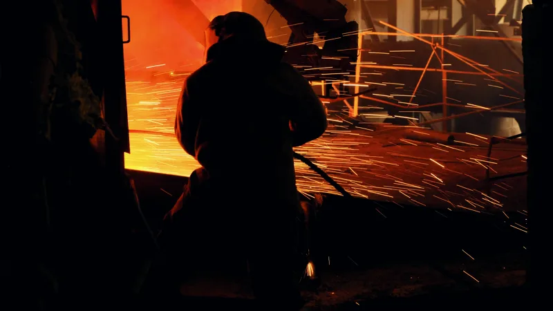 A foundry worker in heat-protective clothing seen from behind against a glowing furnace opening, sparks streaking across the frame, stock footage