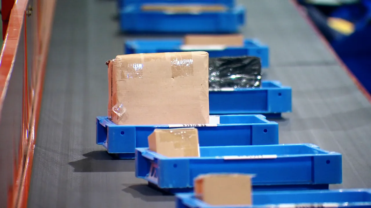 Parcels riding a conveyor belt in blue plastic bins, a taped cardboard box and a black-wrapped parcel in sharp focus, an orange rail at the left, stock footage
